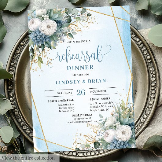 Rustic Chic Dusty Blue Greenery Gold Rehearsal  Kaart