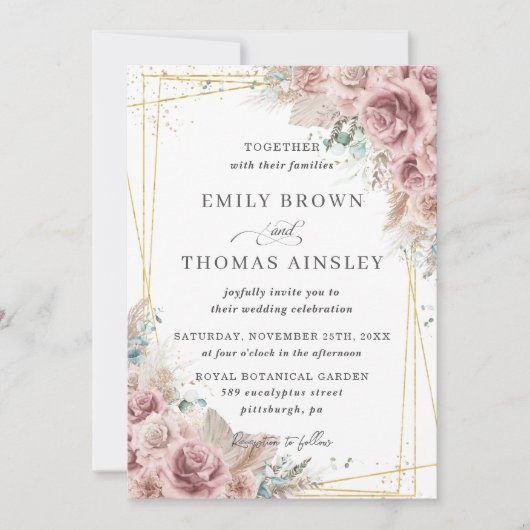 Rustic Chic Dusty Roos Blush Floral Pampas Wedding Kaart (Voorkant)