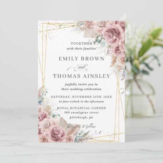 Rustic Chic Dusty Roos Blush Floral Pampas Wedding Kaart (Staand voorkant)