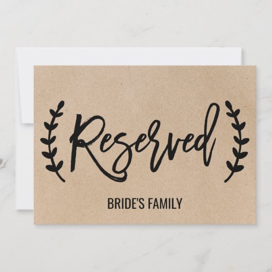 Rustic Chic Faux Kraft Calligraphy "Reserved" Sign Kaart (Voorkant)