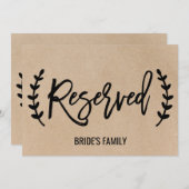 Rustic Chic Faux Kraft Calligraphy "Reserved" Sign Kaart (Voorkant / Achterkant)