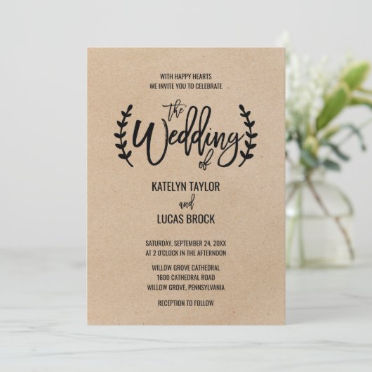 Rustic Chic Faux Kraft Calligraphy Wedding Kaart (Staand voorkant)