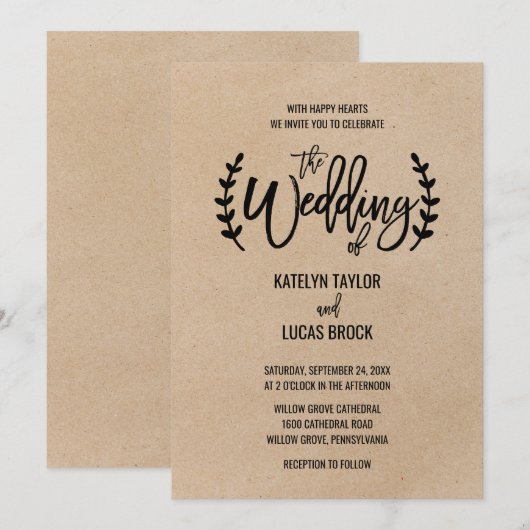 Rustic Chic Faux Kraft Calligraphy Wedding Kaart (Voorkant / Achterkant)