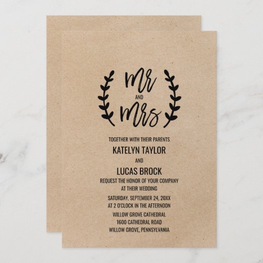 Rustic Chic Faux Kraft Mr & Mrs Wedding Kaart (Voorkant / Achterkant)