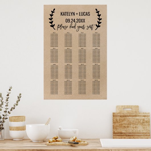 Rustic Chic Faux Kraft Wedding Seding Chart Poster (Keuken)