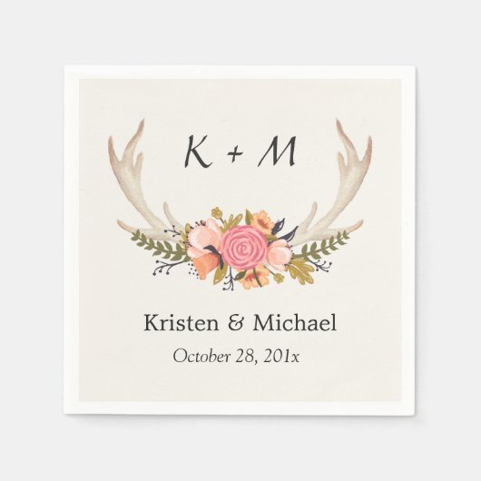 Rustic Chic Floral deer Antler Wedding Monogram Servet (Voorkant)