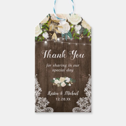 Rustic Chic Floral Lace Wedding Favor Dank je Cadeaulabel (Voorkant)