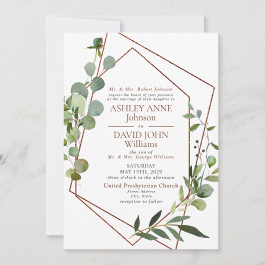 Rustic Chic Geometric Greenery Elegant Wedding Kaart (Voorkant)