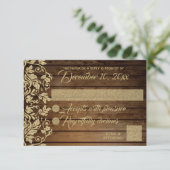 Rustic Chic Gold Damask Response RSVP Kaartje (Staand voorkant)