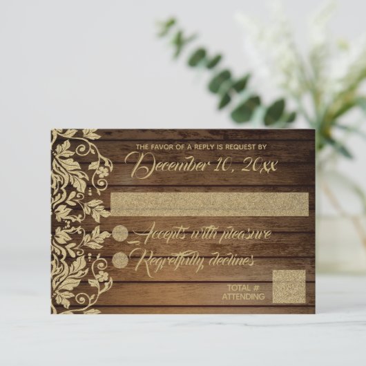 Rustic Chic Gold Damask Response RSVP Kaartje (Staand voorkant)