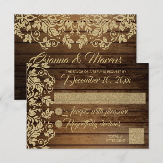 Rustic Chic Gold Damask Response RSVP Kaartje (Voorkant / Achterkant)