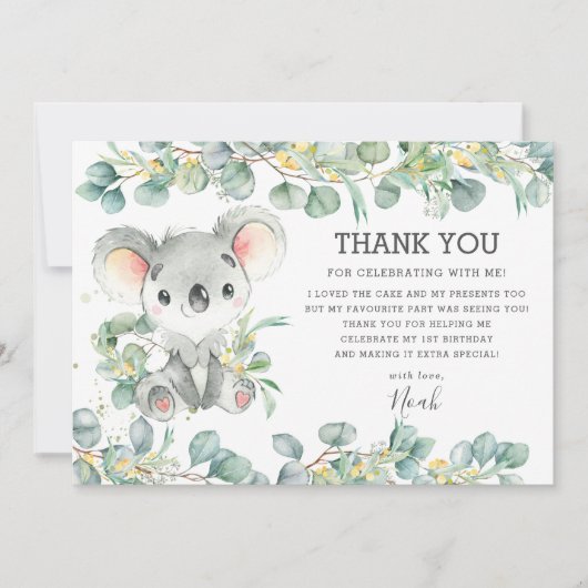 Rustic Chic Greenery Cute Koala 1st Birthday Boy Bedankkaart (Voorkant)