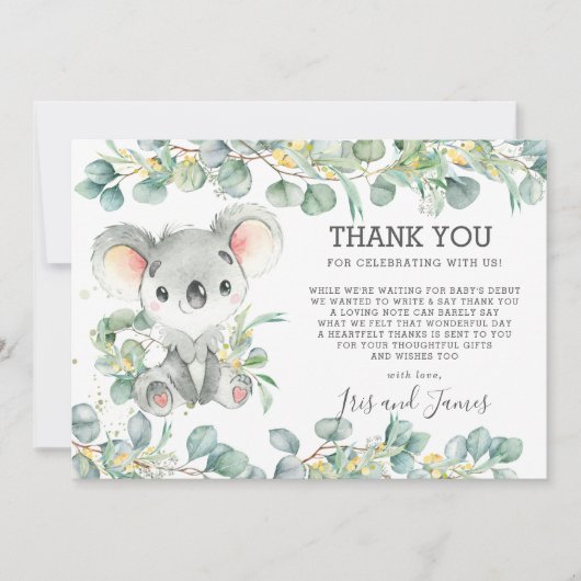 Rustic Chic Greenery Cute Koala Baby shower Boy Bedankkaart (Voorkant)