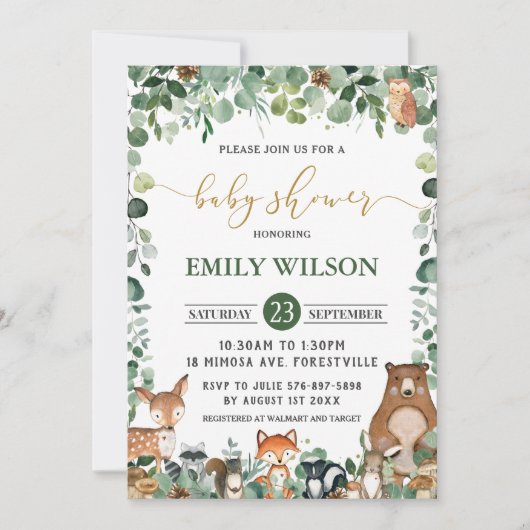 Rustic Chic Greenery Woodland Animals Baby shower Kaart (Voorkant)