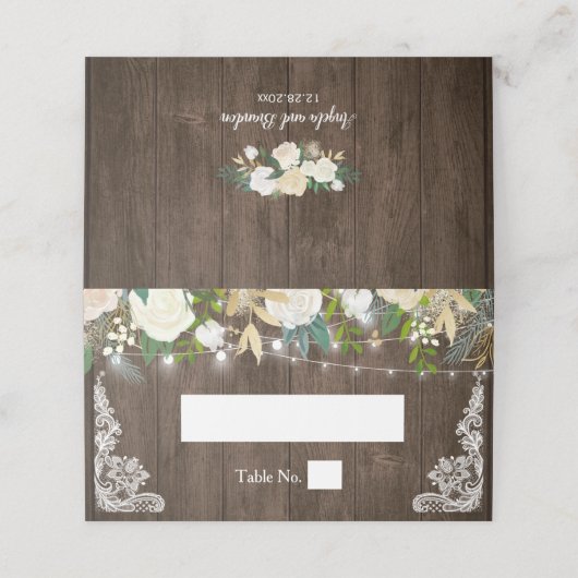 Rustic Chic Ivory Floral String Lights Wedding Plaatskaartje (Buitenkant ongevouwen)