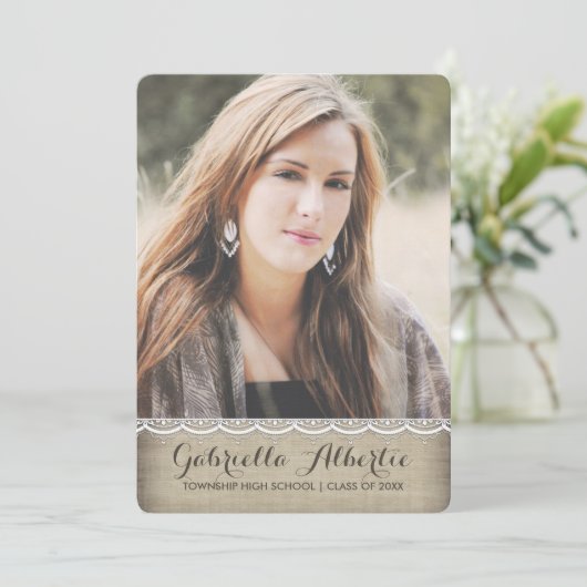 Rustic Chic Lace Photo Afstuderen Invitation Kaart (Staand voorkant)