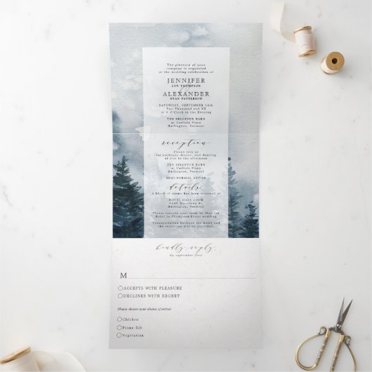 Rustic Chic Lakeside Mountains Wedding Tri-Fold Drieluik Uitnodiging (Binnen)
