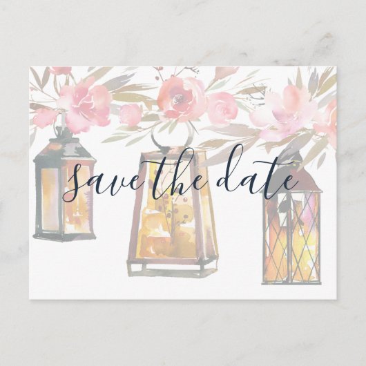Rustic Chic Lantern Roos Gold Floral Save the Date Aankondigingskaart (Voorkant)