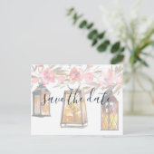 Rustic Chic Lantern Roos Gold Floral Save the Date Aankondigingskaart (Staand voorkant)