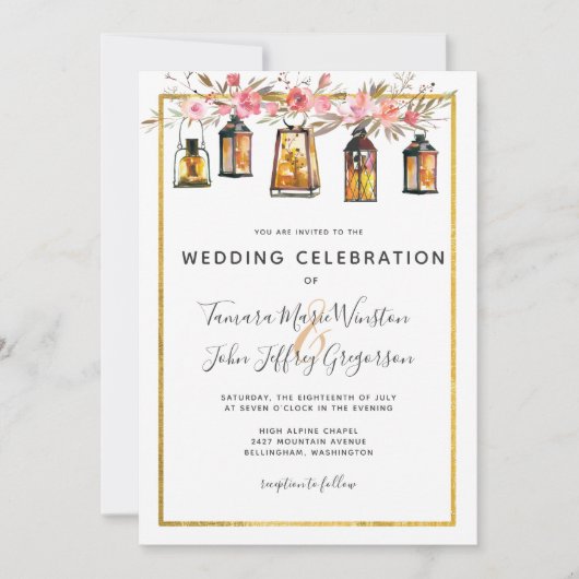 Rustic Chic Lantern Roos Gold Floral Wedding Kaart (Voorkant)