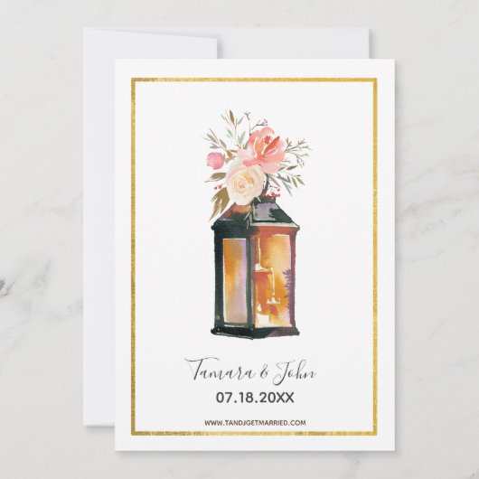 Rustic Chic Lantern Roos Gold Floral Wedding Kaart (Achterkant)