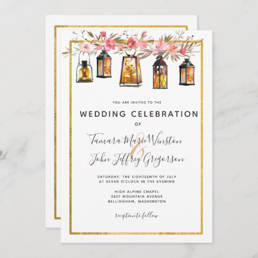 Rustic Chic Lantern Roos Gold Floral Wedding Kaart (Voorkant / Achterkant)