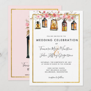 Rustic Chic Lantern Roos Gold Floral Wedding Kaart