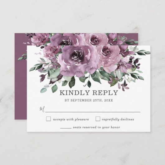 Rustic Chic Mauve Paarse Floral Greenery Wedding RSVP Kaartje (Voorkant / Achterkant)