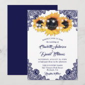 Rustic Chic Navy Blue Lace Sunflower Wedding Kaart (Voorkant / Achterkant)