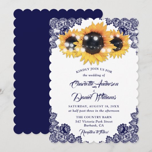 Rustic Chic Navy Blue Lace Sunflower Wedding Kaart (Voorkant / Achterkant)