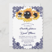 Rustic Chic Navy Blue Lace Sunflower Wedding Kaart (Voorkant)