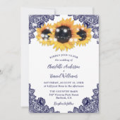 Rustic Chic Navy Blue Lace Sunflower Wedding Kaart (Voorkant)