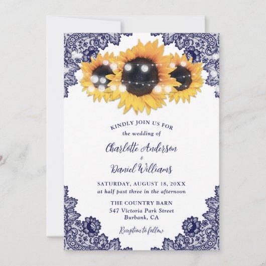 Rustic Chic Navy Blue Lace Sunflower Wedding Kaart (Voorkant)