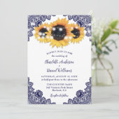 Rustic Chic Navy Blue Lace Sunflower Wedding Kaart (Staand voorkant)