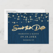 Rustic Chic Navy Blue Wood Wedding Save the Date Aankondigingskaart (Voorkant / Achterkant)