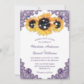 Rustic Chic Paars Lace Sunflower Wedding Kaart (Voorkant)