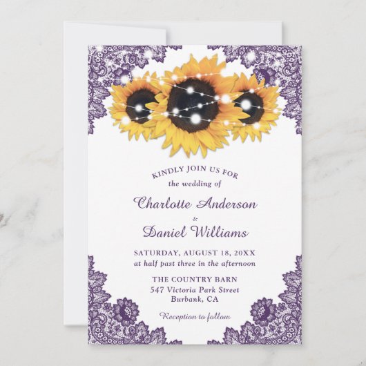 Rustic Chic Paars Lace Sunflower Wedding Kaart (Voorkant)