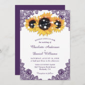 Rustic Chic Paars Lace Sunflower Wedding Kaart (Voorkant / Achterkant)