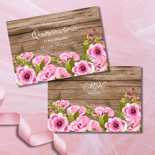 Rustic Chic Pink Poppies Quinceañera Bedankkaart