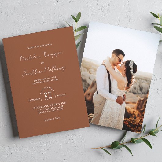 Rustic Chic Plain Terracotta Photo Wedding Kaart