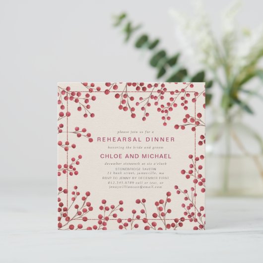 Rustic Chic Red Berry Winter Wedding Rehearal Kaart (Staand voorkant)