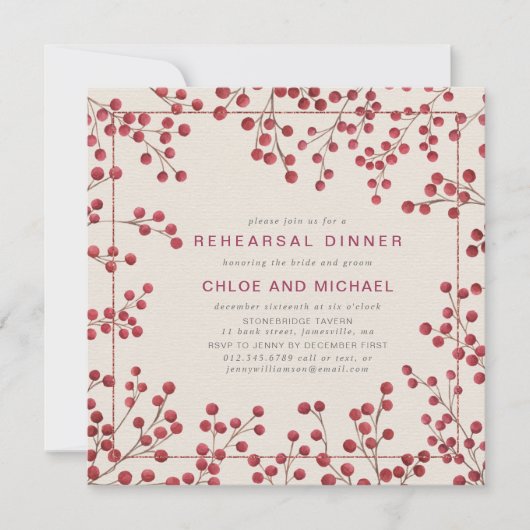 Rustic Chic Red Berry Winter Wedding Rehearal Kaart (Voorkant)
