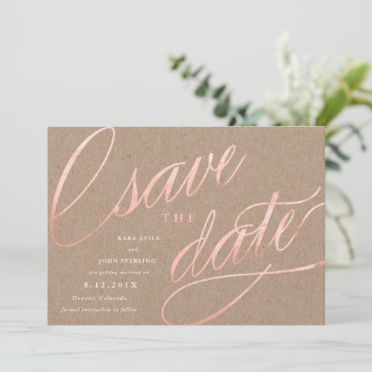 Rustic Chic Roze Goud Save the Dates | Roze Goud Kaart (Staand voorkant)