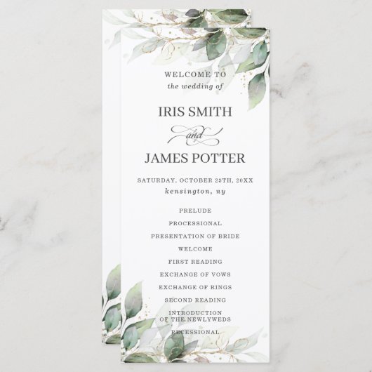 Rustic Chic Sage Greenery Gold Wedding Program Programmakaart (Voorkant / Achterkant)