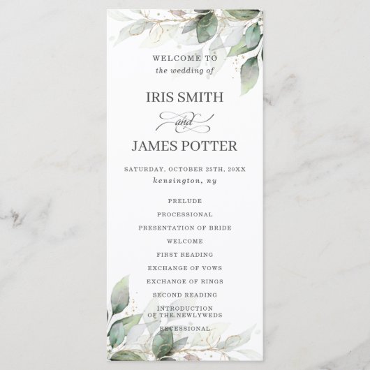Rustic Chic Sage Greenery Gold Wedding Program Programmakaart (Voorkant)