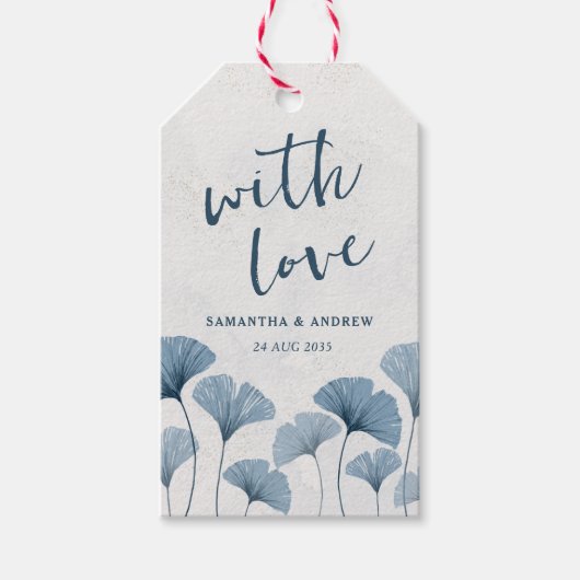 Rustic Chic Stofblauw Trouwgunst Cadeaulabel (Voorkant)