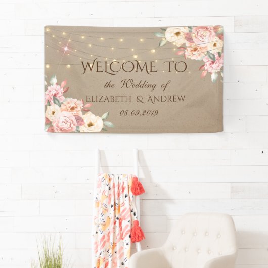Rustic Chic String Lights Floral Wedding Banner (Insitu)