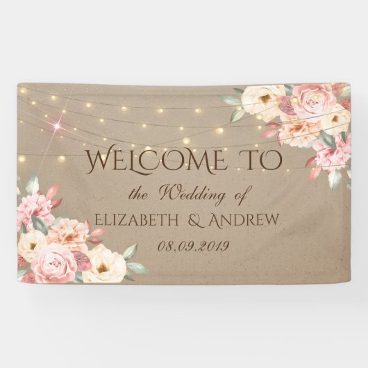 Rustic Chic String Lights Floral Wedding Banner (Horizontaal)