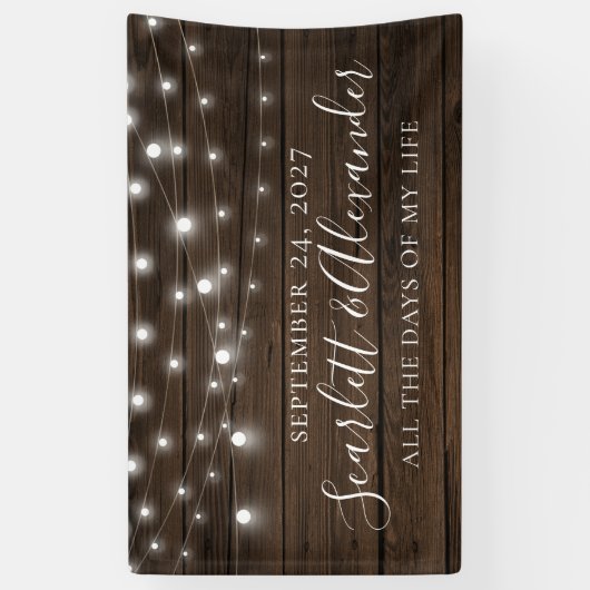 Rustic Chic String Lights Wood Weddenschap Spandoek (Verticaal)