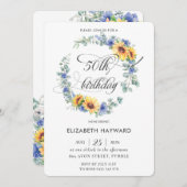 Rustic Chic Sunflower Blue Floral 50th Birthday Kaart (Voorkant / Achterkant)